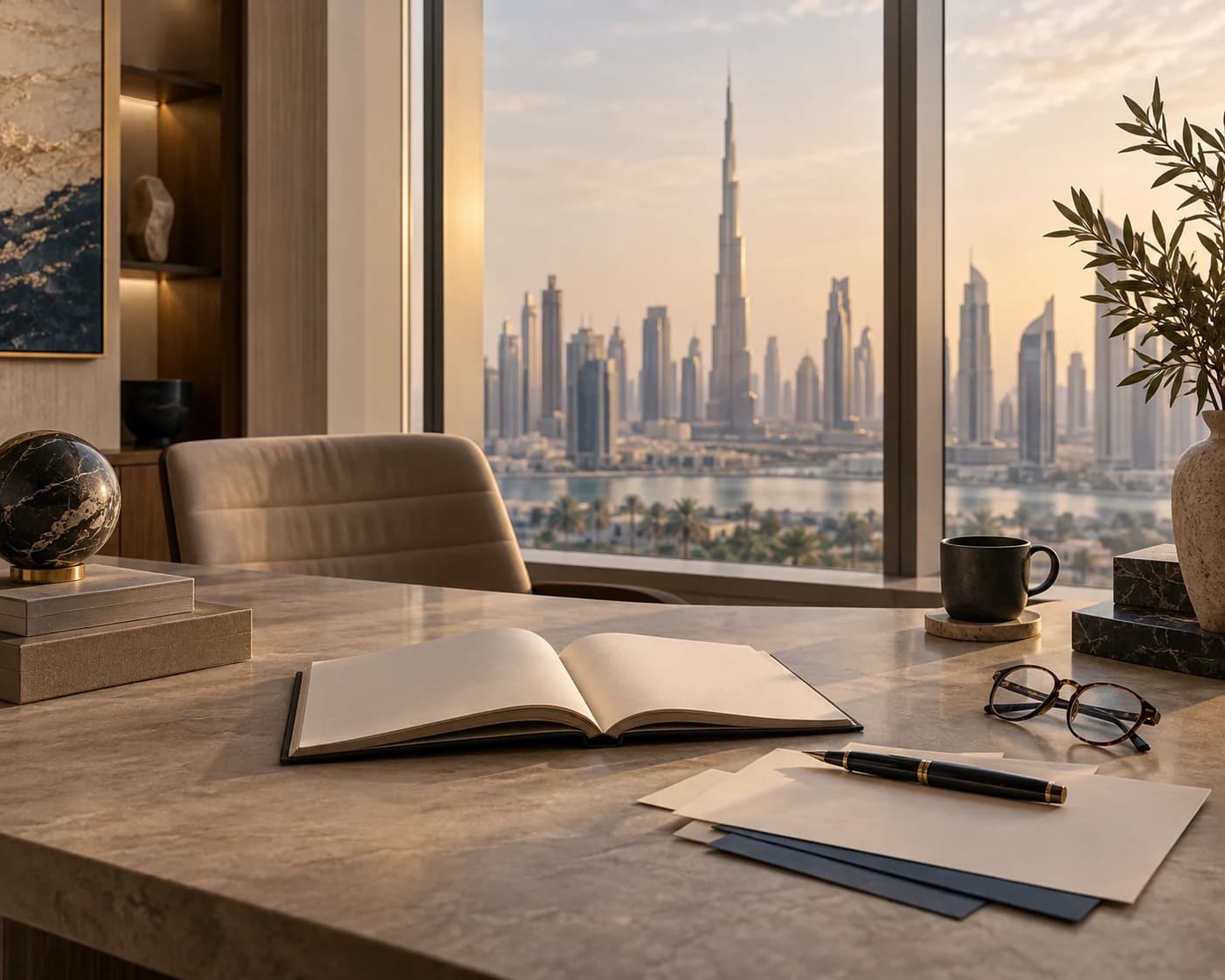 Notebook and planning documents beside a sunlit UAE city view