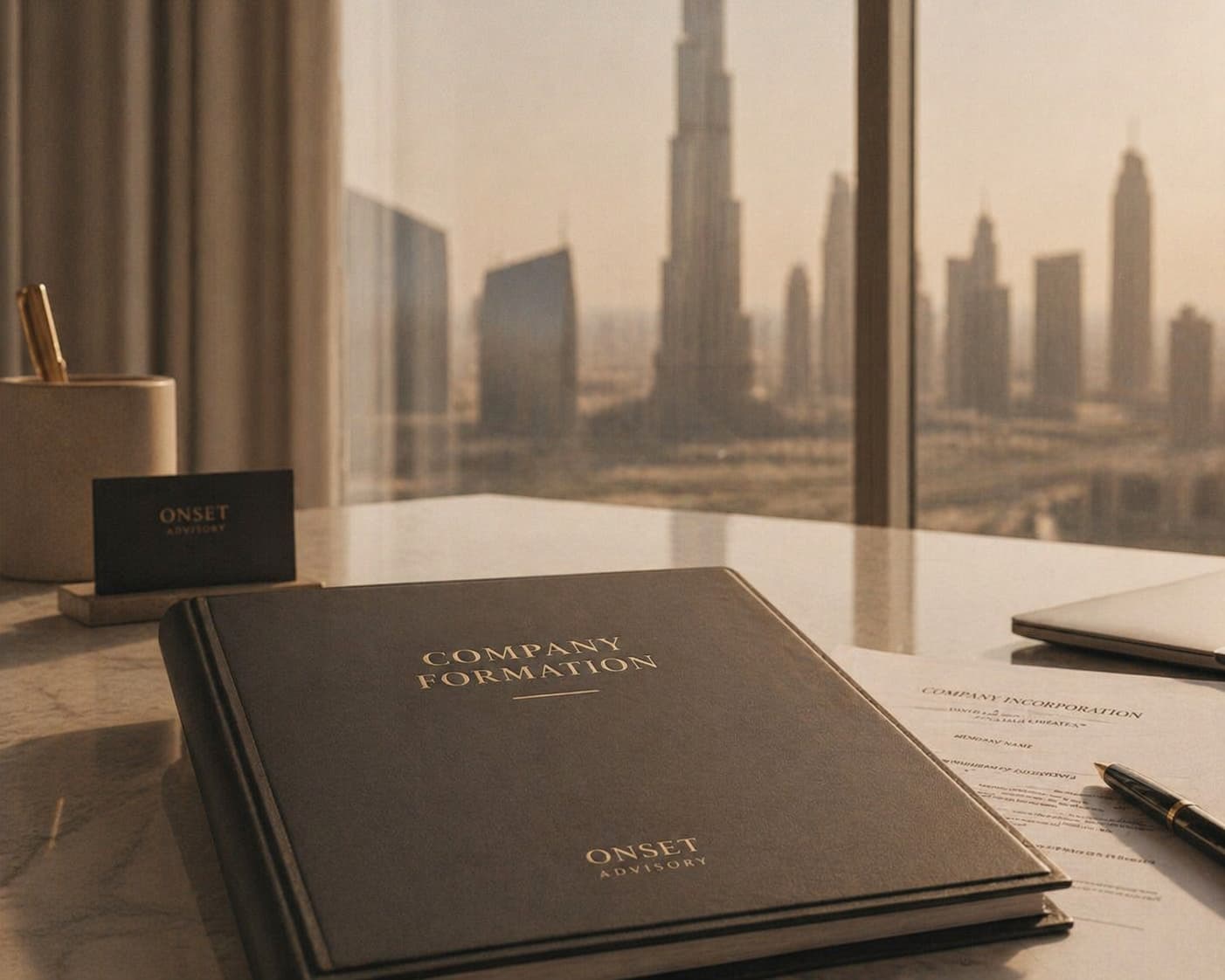 Company formation documents overlooking Dubai
