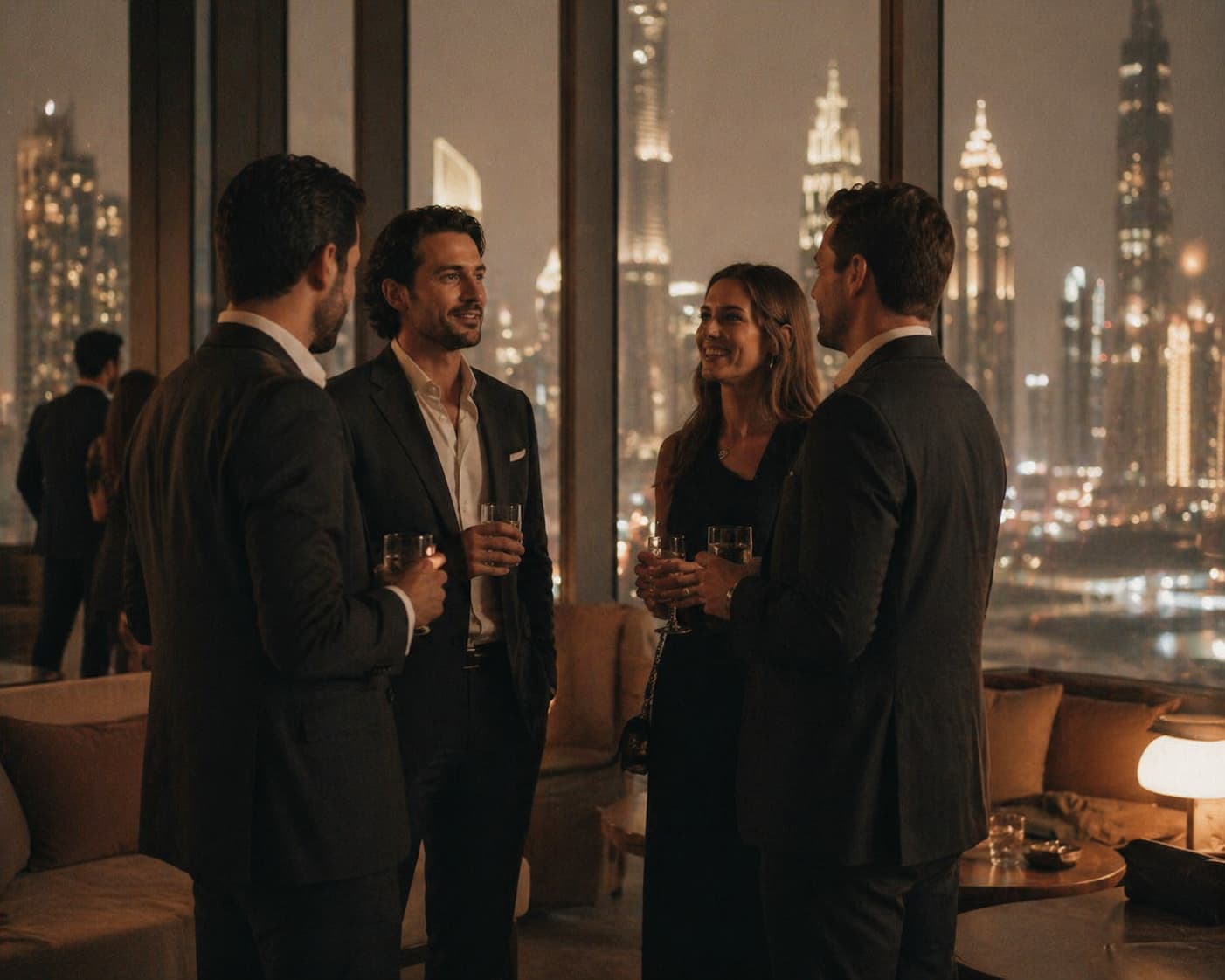 A business gathering overlooking the Dubai skyline