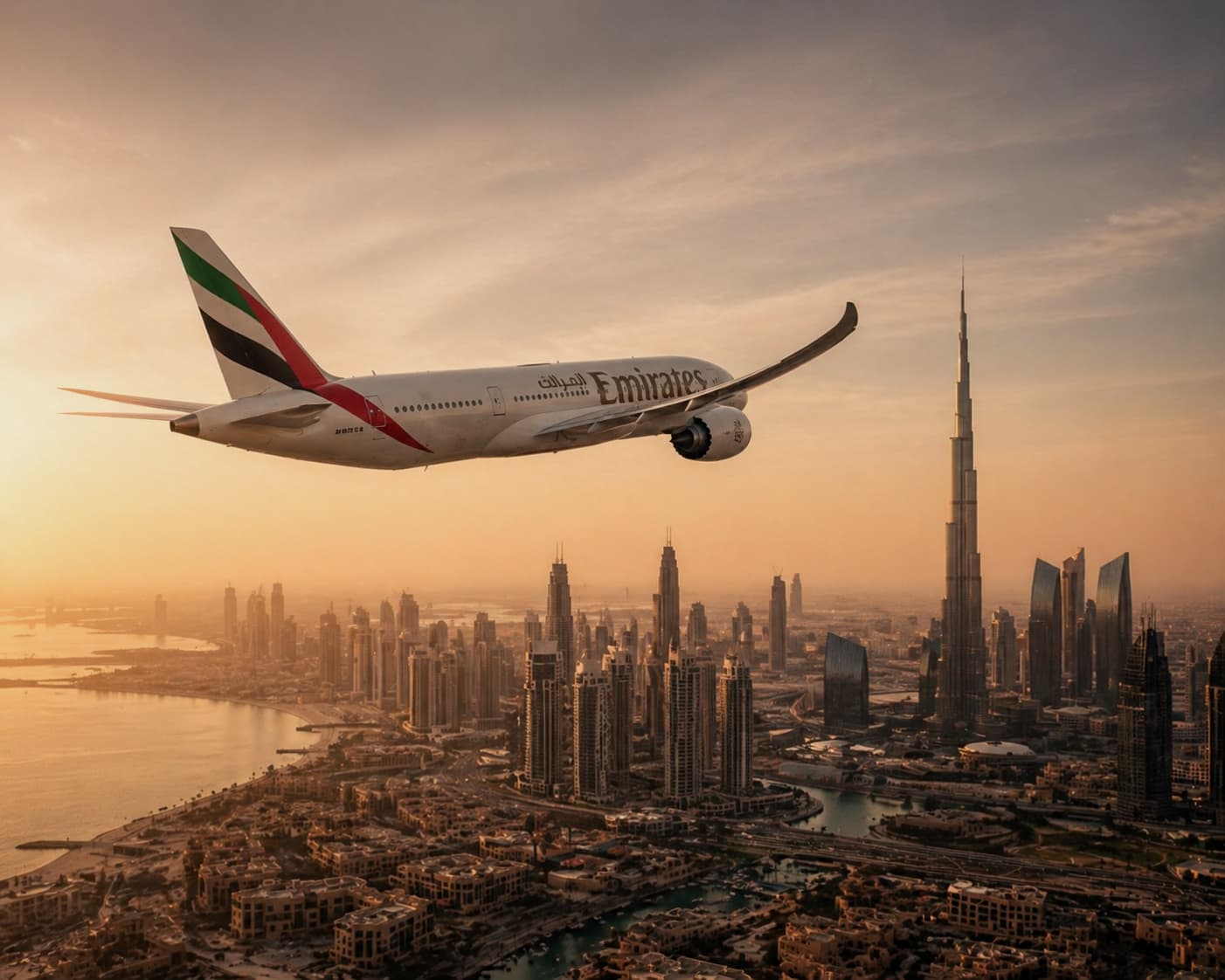 An aircraft flying above Dubai at sunset